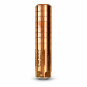 Copper-colored cylindrical device with evenly spaced rings and etched text along the side on a white background.