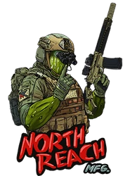 nrmpickle-transparent-extra-small_1741138851__76266original MJ's Tactical Solutions Soldier in tactical gear holding a rifle, green sleeves, with 'North Reach MFG' logo in red at the bottom.