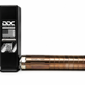 Tall black rectangular device beside a bronze L-7.62mm suppressor on a white background, left-aligned.