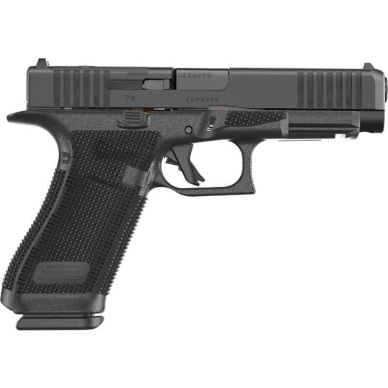 1868991526 MJ's Tactical Solutions Side profile of a black semi-automatic pistol with a textured grip, serrated slide, and a trigger guard visible.