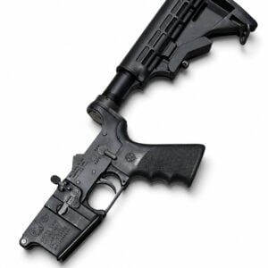 Black semi-automatic rifle with a collapsible stock and ribbed handguard on a white background.