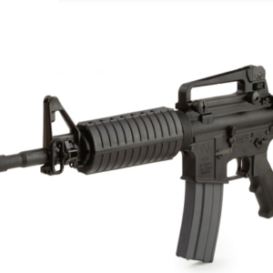Black AR-style assault rifle with foregrip, carrying handle, and attached magazine on a white background.